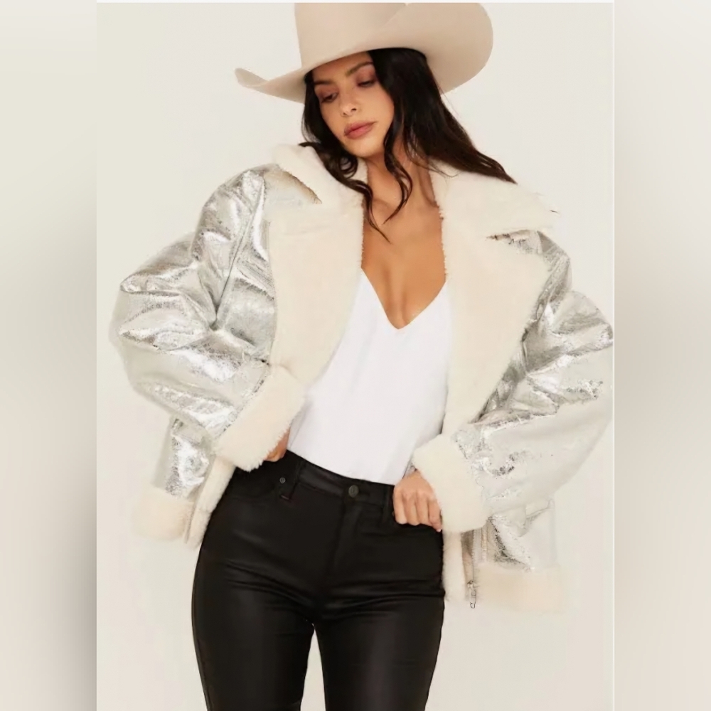 BLANKNYC Womens Gold Metallic Vegan Leather Bonded Moto Jacket Size Medium